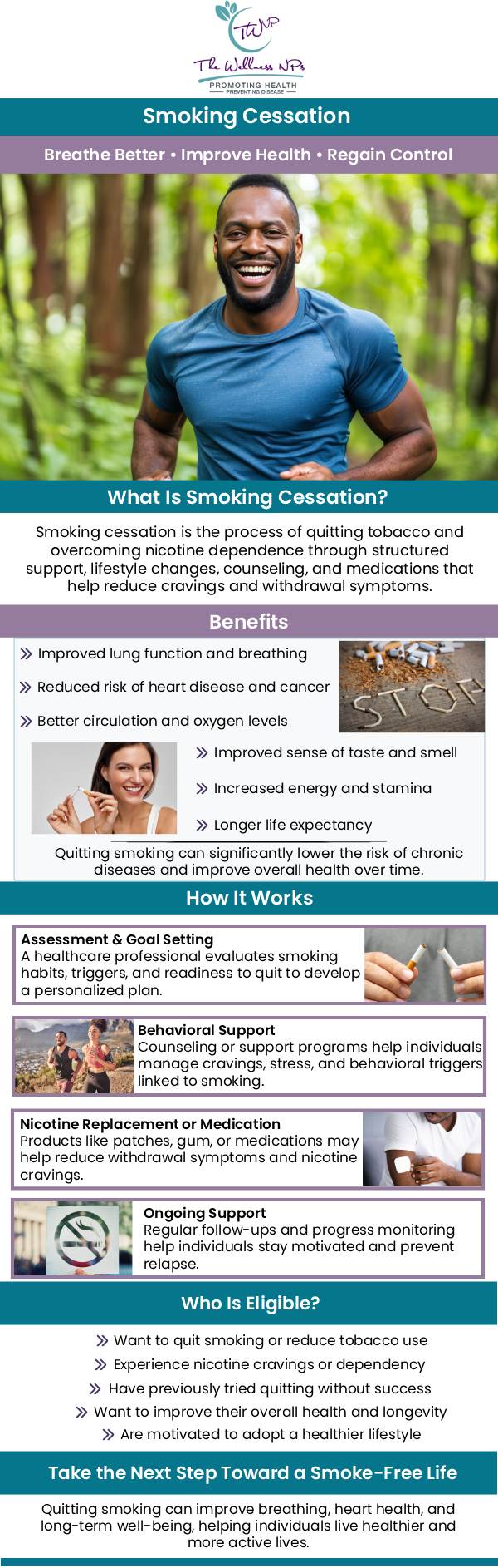 Quitting smoking is a personal journey, and the most effective treatment will vary among patients. Determining the most effective treatment to quit smoking depends on your individual preferences, age, and any existing medical conditions. Smoking cessation programs are available at The Wellness NPs. Quit smoking today and live longer! For more information, contact us, or book an appointment online now! We serve patients from Laurel MD, Maryland City MD, South Laurel MD, Ammendale MD, Savage MD, and surrounding areas.