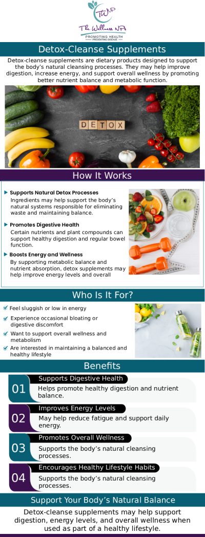 Detox-Cleanse Supplements are dietary supplements intended to help in the body's removal of toxins and to promote general health and well-being. Bloating, lethargy, and concentration problems are some of the symptoms that it helps to relieve. The immune system, digestion, energy level, and digestion are all improved by detox-cleanse supplements. If you're looking for detox cleanse supplements, come see us and consult with our doctors to determine whether it's a good fit for you. For more information, contact us today or schedule an appointment online. We serve patients from Laurel MD, Maryland City MD, South Laurel MD, Ammendale MD, Savage MD, and surrounding areas.